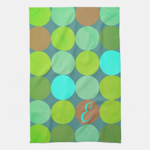 Lime Green Teal Turquoise  Rust Circles Monogram Towel