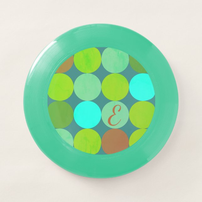 Lime Green Teal Turquoise & Rust Circles Monogram Wham-O Frisbee (Front)