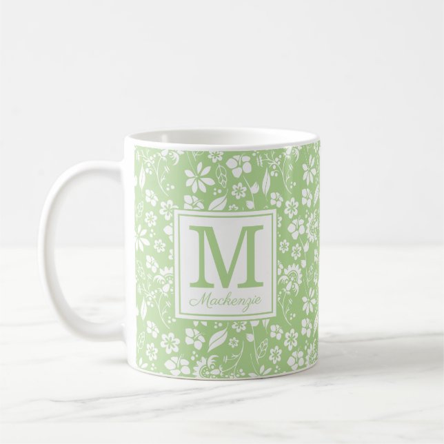 Lime Green Tropical Flowers Monogram Coffee Mug (Left)