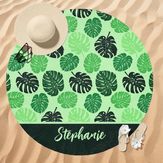 Lime Green Tropical Monstera Custom Name Beach Towel (Creator Uploaded)