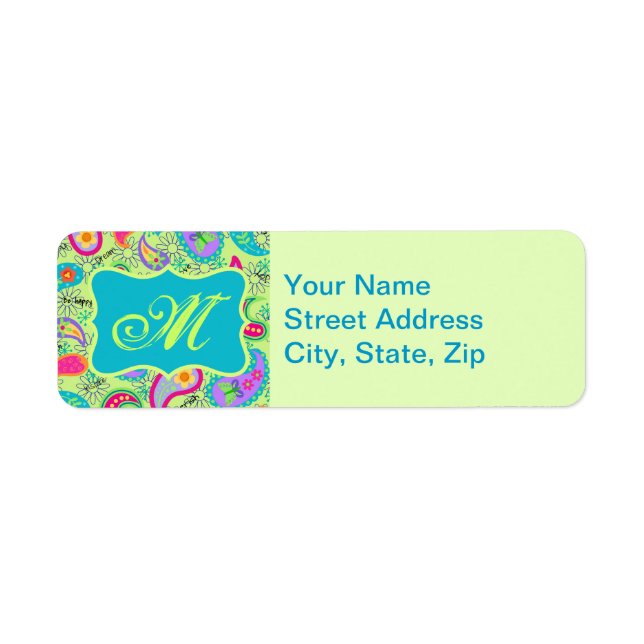 Lime Green Turquoise Modern Paisley Monogram Label (Front)