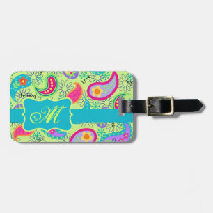 Lime Green Turquoise Modern Paisley Monogram Luggage Tag