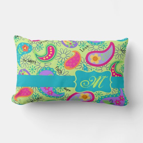 Lime Green Turquoise Modern Paisley Monogram Lumbar Pillow