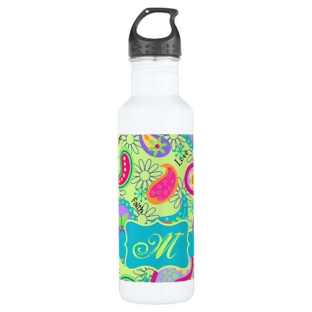 Lime Green Turquoise Modern Paisley Monogram Stainless Steel Water Bottle (Front)
