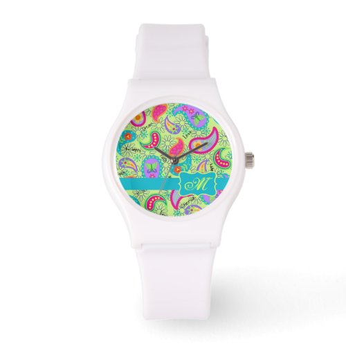 Lime Green Turquoise Modern Paisley Monogram Watch