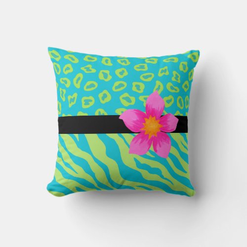 Lime Green  Turquoise Zebra  Cheetah Pink Flower Throw Pillow