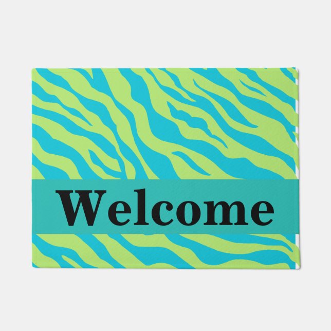 Lime Green Turquoise Zebra Skin Pattern Welcome Doormat (Front)