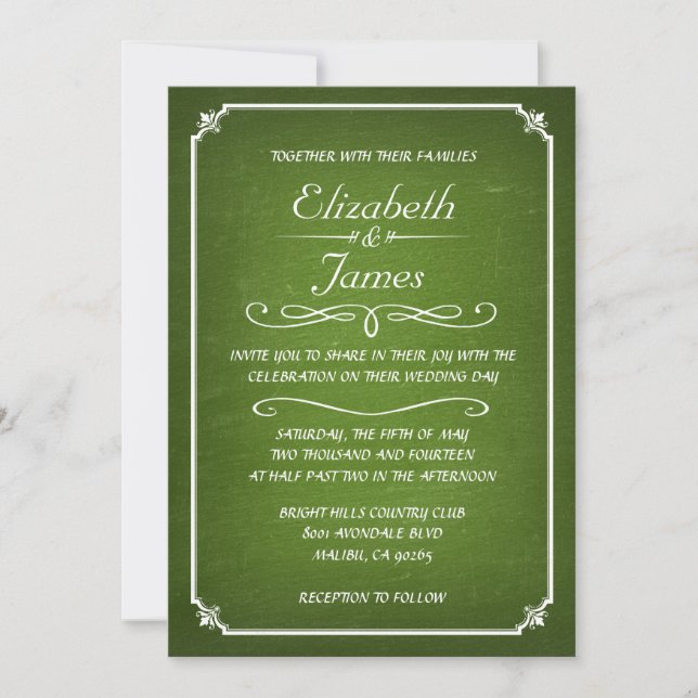 Lime Green Vintage Chalkboard Wedding Invitations (Front)
