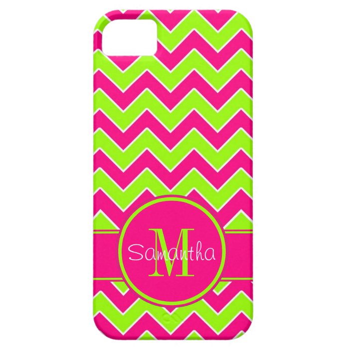 Lime Green w/ Pink Chevron Pattern Custom Monogram iPhone 5 Cases