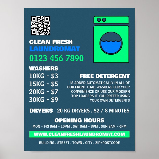 Lime Green Washer, Laundromat, Cleaning Service Poster (Front)