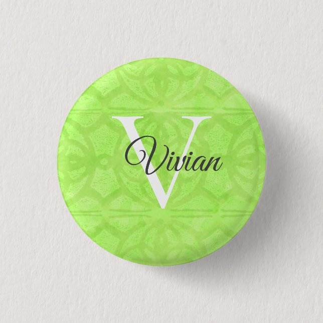 Lime Green Watercolor Monogram Name Button (Front)