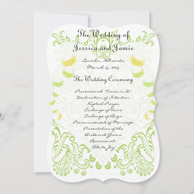 Lime Green Whimisical Bird Wedding Menu Invitation (Front)