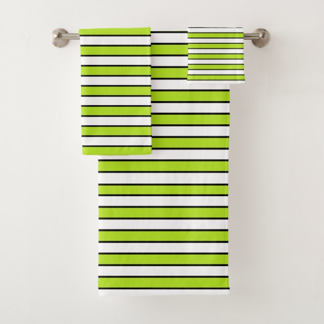 Lime Green, White and Black Stripes Bath Towel Set (Insitu)