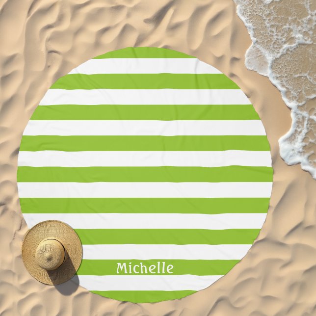 Lime Green White Cabana Stripes Personalized Beach Towel (Beach)