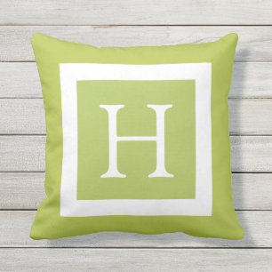 Lime Green White Custom Monogram Outdoor Pillow