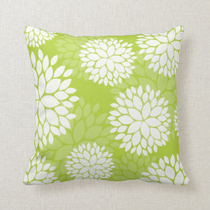 Lime Green White Floral Pattern Throw Pillow