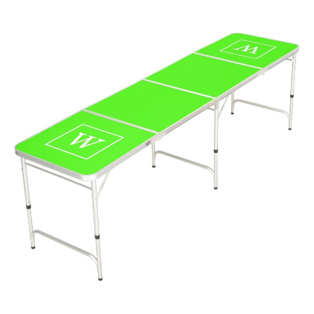 Lime Green White Framed Initial Monogram Beer Pong Table (Angled)