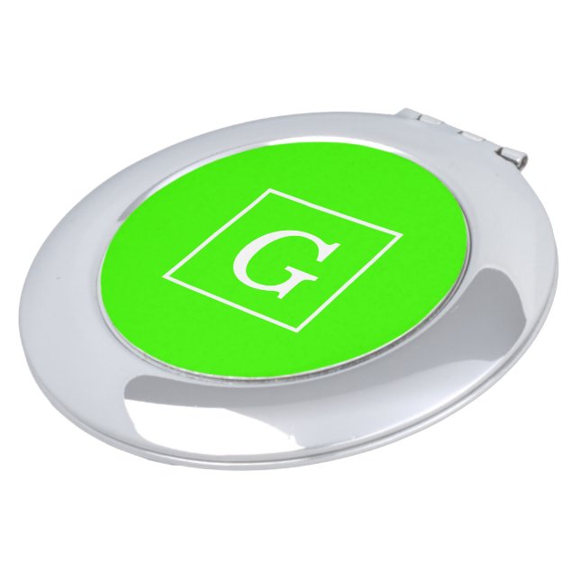 Lime Green White Framed Initial Monogram Compact Mirror (Turned)