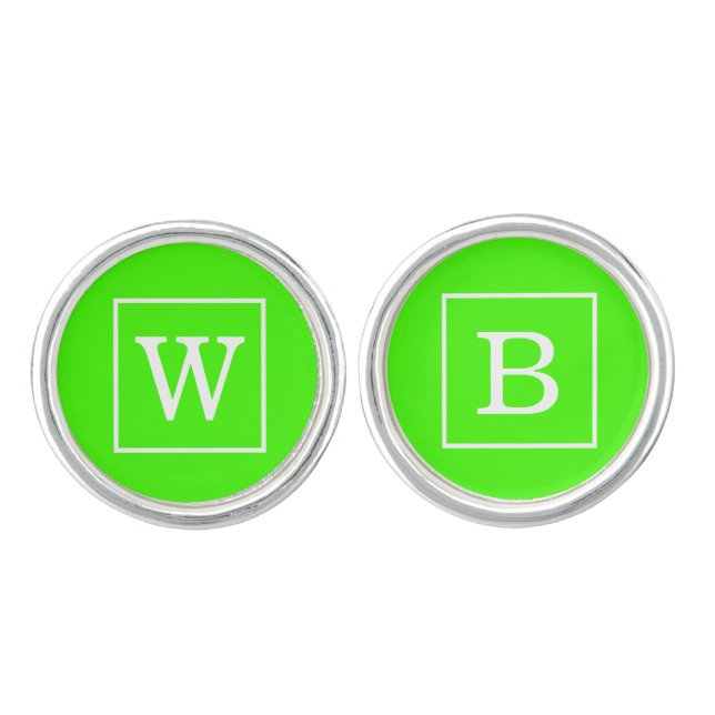 Lime Green White Framed Initial Monogram Cufflinks (Front)
