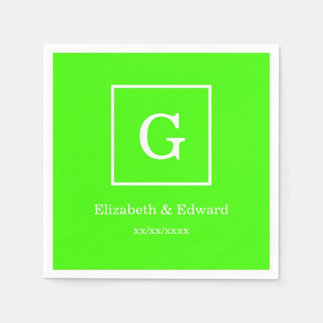 Lime Green White Framed Initial Monogram Paper Napkins (Front)