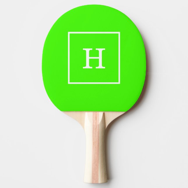 Lime Green White Framed Initial Monogram Ping-Pong Paddle (Front)