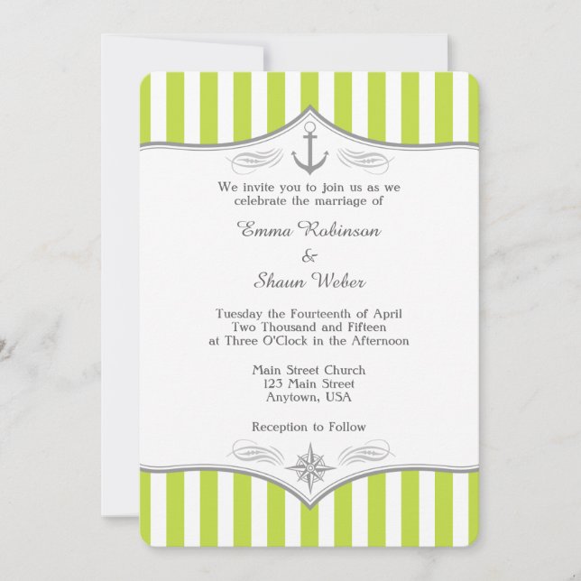 Lime Green White Gray Nautical Wedding Invitation (Front)