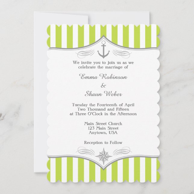Lime Green White Gray Nautical Wedding Invitation (Front)