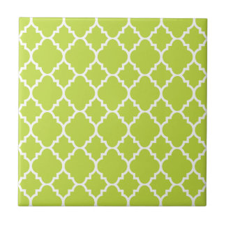 Lime Green White Quatrefoil Moroccan Pattern Ceramic Tile