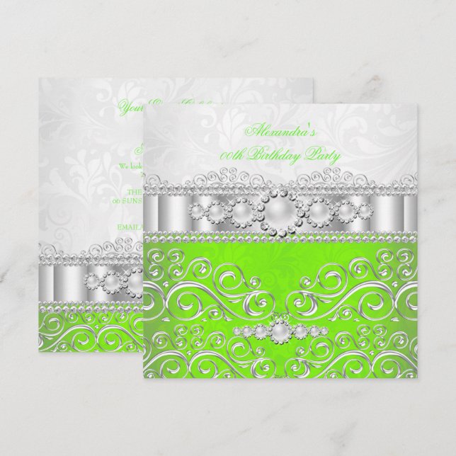 Lime Green White Silver Lace Pearl Birthday Party Invitation (Front/Back)