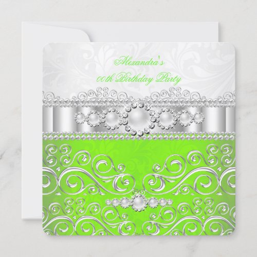 Lime Green White Silver Lace Pearl Birthday Party Invitation