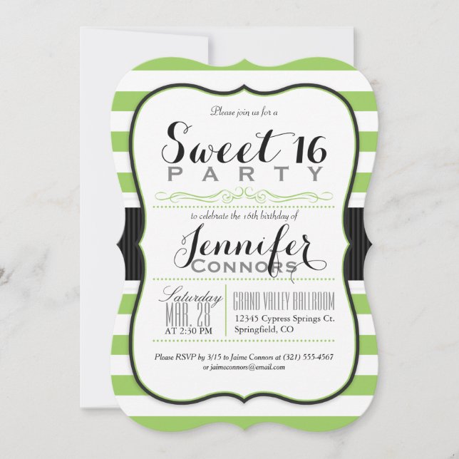 Lime Green & White Stripes Sweet 16 Party Invitation (Front)