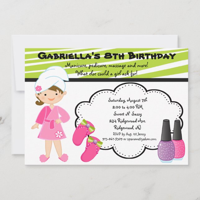 Lime Green & White Zebra Girls Spa Invite (Front)