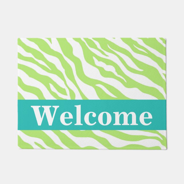 Lime Green White Zebra Skin Pattern Welcome Doormat (Front)