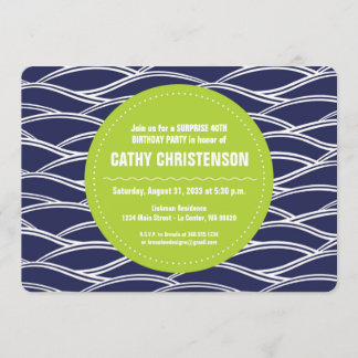 Lime Green with Navy Blue Waves Birthday Invitation