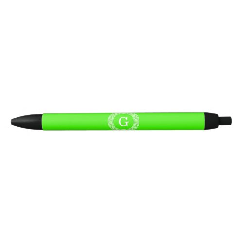 Lime Green Wt Greek Key Rnd Frame Initial Monogram Black Ink Pen