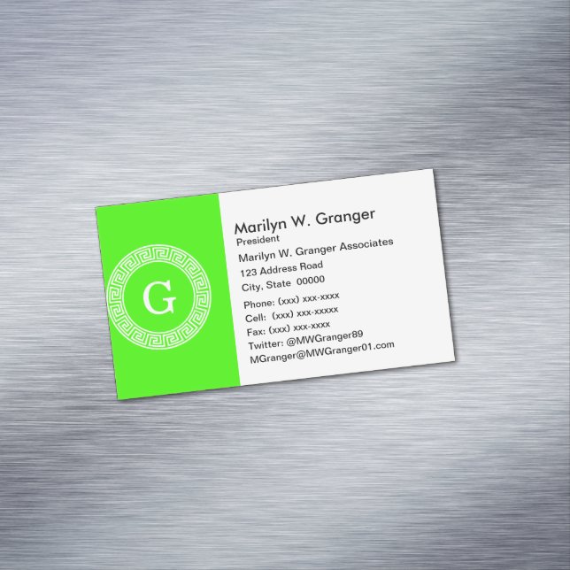 Lime Green Wt Greek Key Rnd Frame Initial Monogram Business Card Magnet (In Situ)