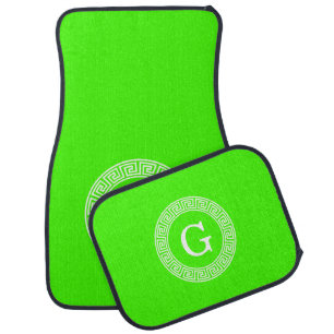 Lime Green Wt Greek Key Rnd Frame Initial Monogram Car Floor Mat