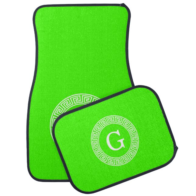 Lime Green Wt Greek Key Rnd Frame Initial Monogram Car Floor Mat (Set)