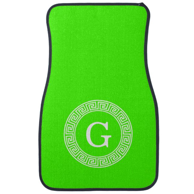 Lime Green Wt Greek Key Rnd Frame Initial Monogram Car Floor Mat (Front)
