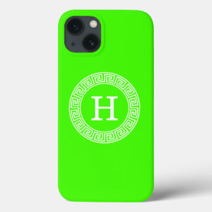 Lime Green Wt Greek Key Rnd Frame Initial Monogram iPhone 13 Case