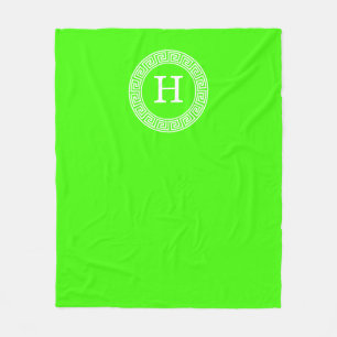 Lime Green Wt Greek Key Rnd Frame Initial Monogram Fleece Blanket
