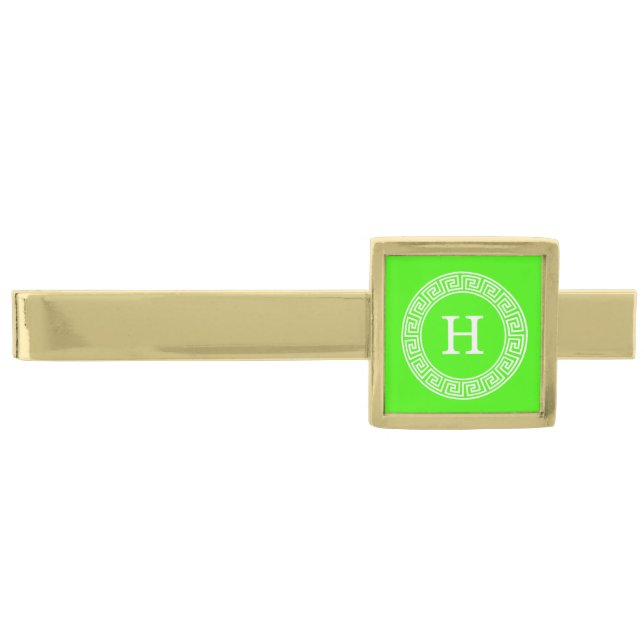 Lime Green Wt Greek Key Rnd Frame Initial Monogram Gold Finish Tie Clip (Front)