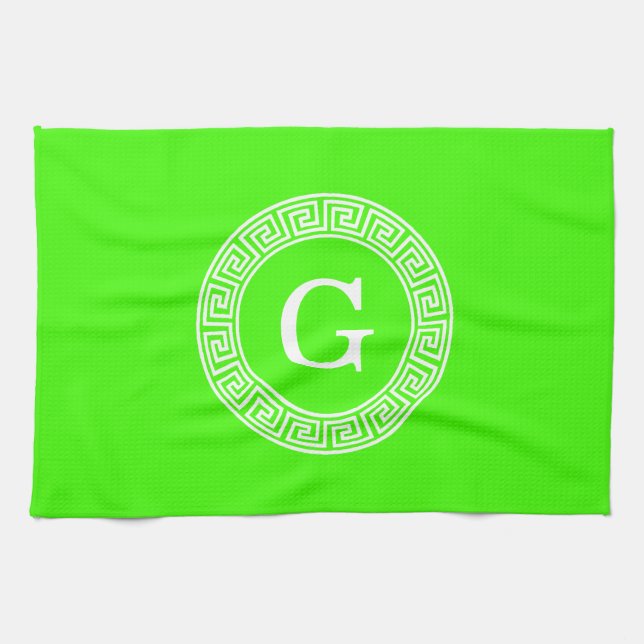 Lime Green Wt Greek Key Rnd Frame Initial Monogram Kitchen Towel (Horizontal)