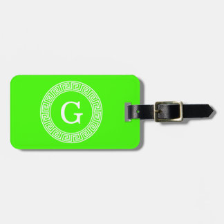 Lime Green Wt Greek Key Rnd Frame Initial Monogram Luggage Tag