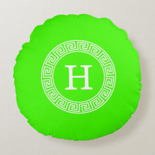 Lime Green Wt Greek Key Rnd Frame Initial Monogram Round Pillow