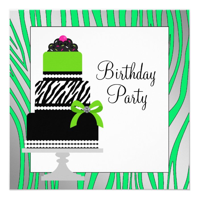 Lime Green Zebra Cake Cupcake Birthday Party Personalized Invitation