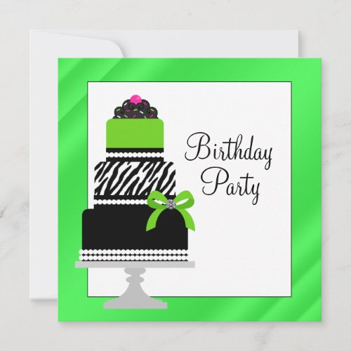 Lime Green Zebra Cake Cupcake Birthday Party Invitation