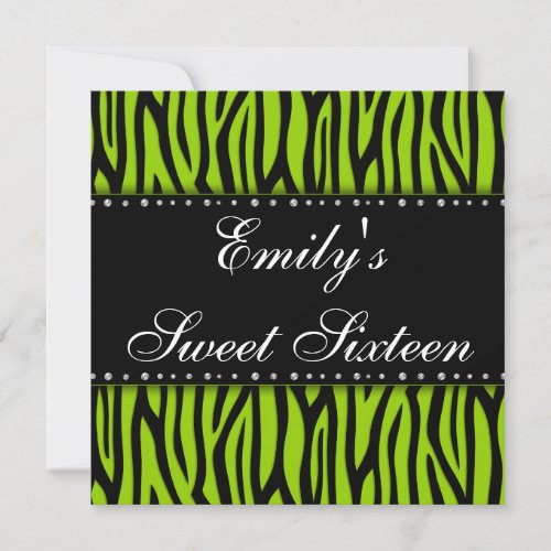 Lime Green Zebra Diamonds Sweet 16 Birthday Personalized Invitation