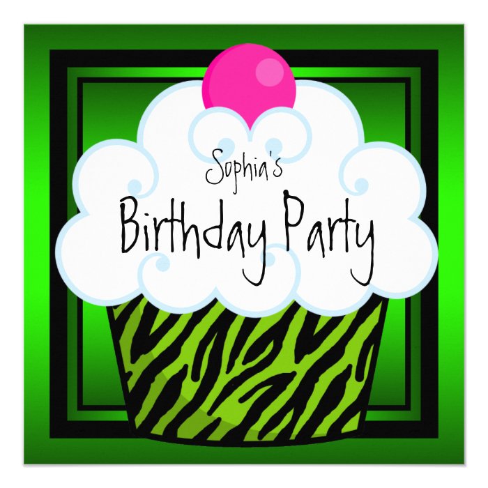 Lime Green Zebra Girls Cupcake Birthday Party Custom Invite