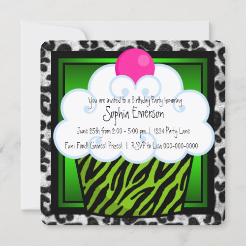 Lime Green Zebra Girls Cupcake Birthday Party Invite